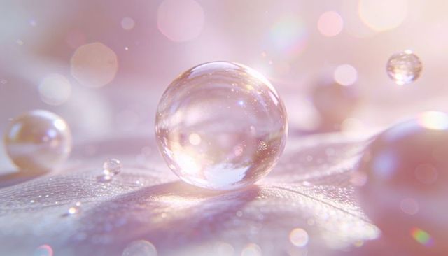 Crystal sphere resting on satin with soft pastel bokeh and sparkling refractions