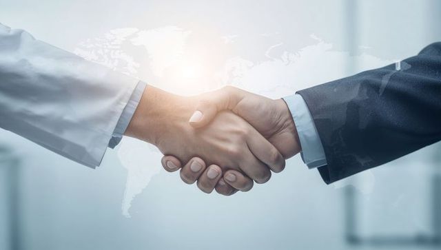 Doctor and business executive shaking hands over global healthcare partnership concept