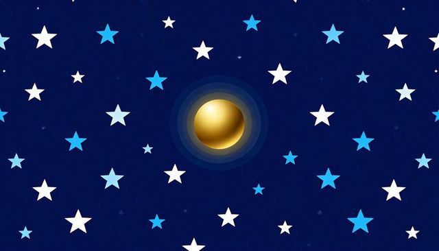 Golden orb emitting halo rings in stylized navy starfield with bright blue and white stars