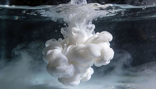 Billowing white pigment cloud curling through clear water macro underwater abstract