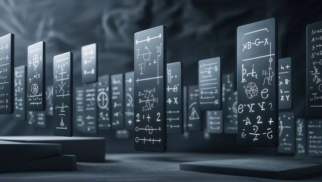 Floating digital panels display mathematical equations in virtual lab