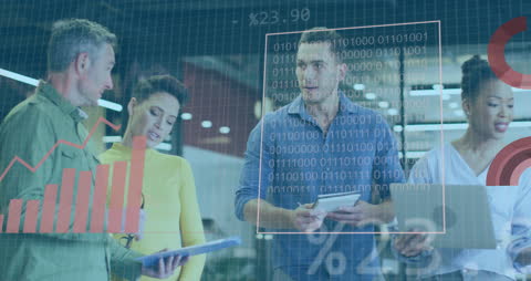 Diverse Team Discussing Digital Financial Data in Modern Office