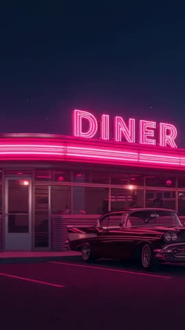 Vertical Neon Diner Nightscape Glowing Pink Sign Bathing Retro Car in Neon Light