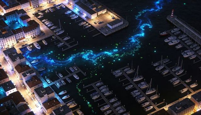 Aerial night view of bioluminescent ribbon winding through marina, glowing boats and piers