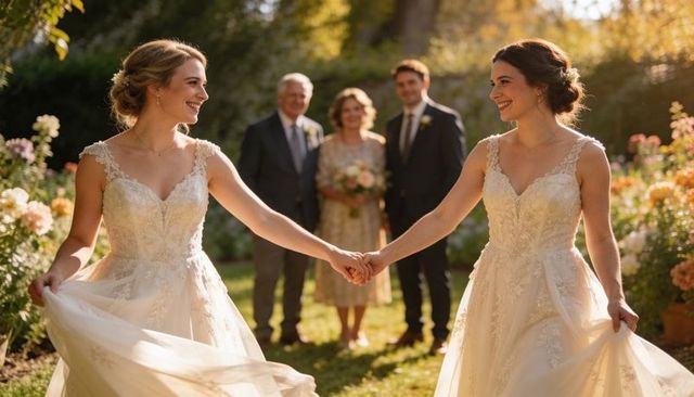 Two brides holding hands in sunlit garden wearing lace gowns at golden hour