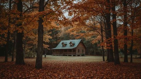 Moody autumn landscape with rustic log cabin among colorful foliage