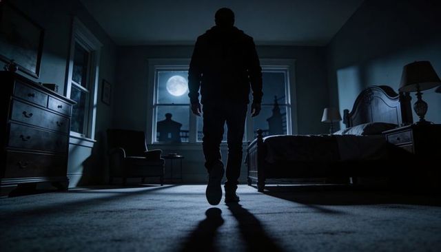 Walking silhouette under full moon in moody bedroom at midnight, dramatic shadow scene