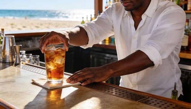 Bartender placing iced cocktail on napkin at sunlit beach bar with ocean view