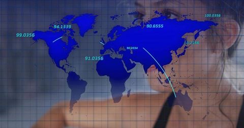Global data visualization overlaying portrait with blue world map, flight arcs and metrics