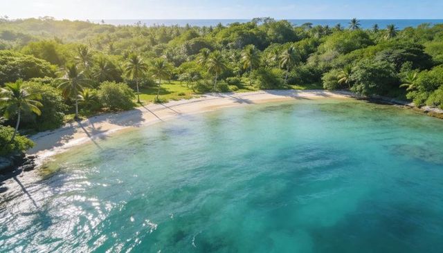 Sunlit crescent beach curving into turquoise cove with leaning palm trees and coral reefs