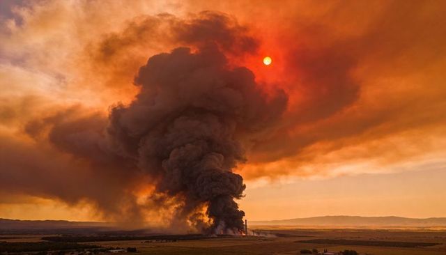 Billowing Industrial Smoke Plume and Flames Over Rural Farmland at Red-Orange Sunset