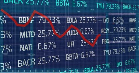 Features a digital representation of stock market data with a prominent red line indicating a downward trend. Suitable for illustrating concepts related to economic downturns, financial analyses, or data-driven decision making.