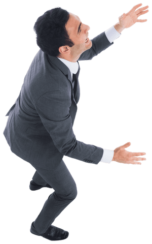 Joyful businessman reaching arms up on transparent background