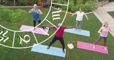 Senior group exercise outdoors with horoscope overlay design
