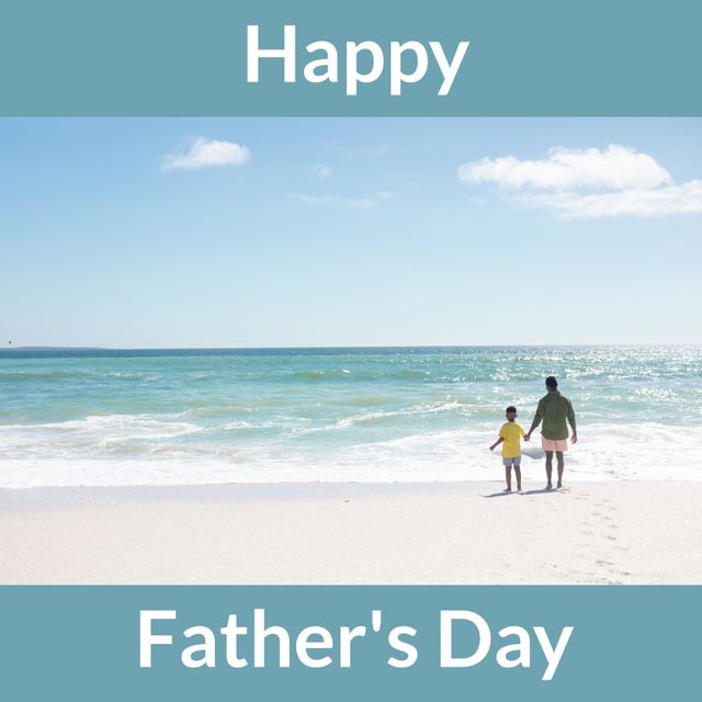 African American father and son are bonding on a sunny beach. This heartwarming scene is perfect for celebrating Father's Day. Great for holiday cards, social media posts, family blogs, and parenting articles.