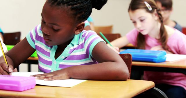 Diverse Elementary School Students Concentrating on Classroom Assignments - Download Free Stock Images Pikwizard.com