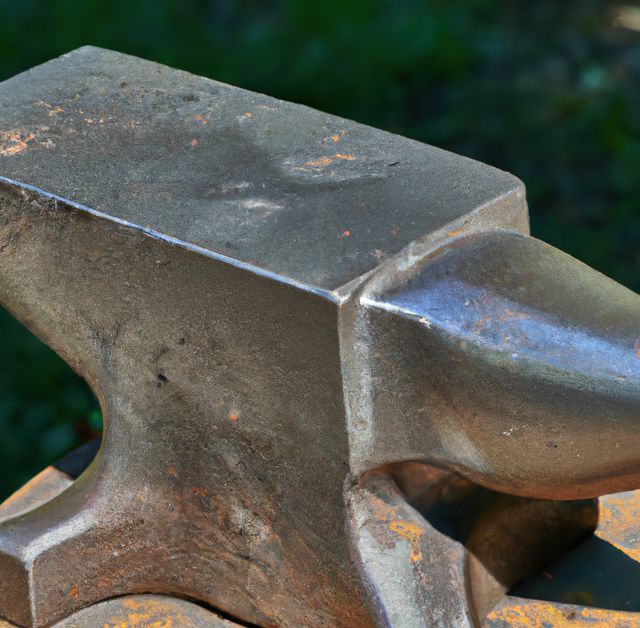Close up of steel anvil lying on table in workshop. Craftsman, workshop and blacksmith concept.
