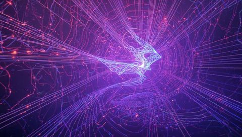 Neon Wireframe Vortex Drawing Viewer Into Digital Tunnel, Cyber Mesh With Particle Trails