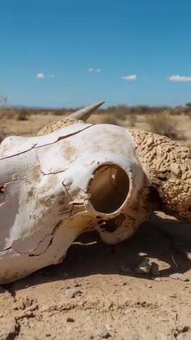 Vertical macro moving closer to weathered cattle skull revealing horn sheath in arid desert