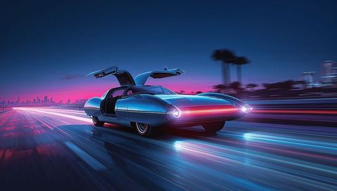 Retrofuturistic blue gullwing speedster racing along neon coastal highway at dusk