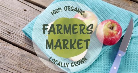 Organic Farmers Market with Fresh Apples on Wooden Table
