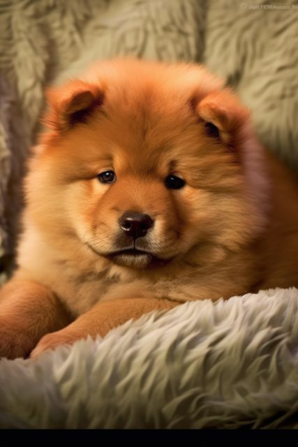 Chow Chow puppy resting on a beige, soft, furry blanket. Great for use in advertising for pet products, social media posts about dogs, or website banners promoting pets and animal care.