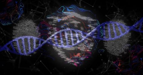 Futuristic DNA Strand Amidst Digital Network Pulses and Fingerprints