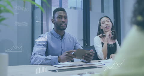 Diverse Team Analyzing Financial Data, Digital Overlay