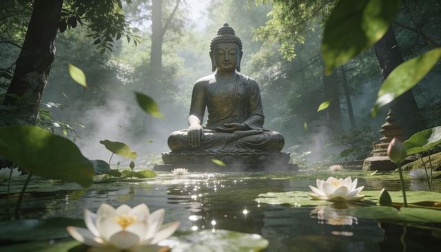 Serene buddha statue meditating at lotus pond in misty forest with sunbeams