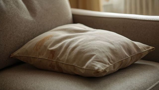 Stained beige linen throw pillow on neutral sofa showing water marks and wear