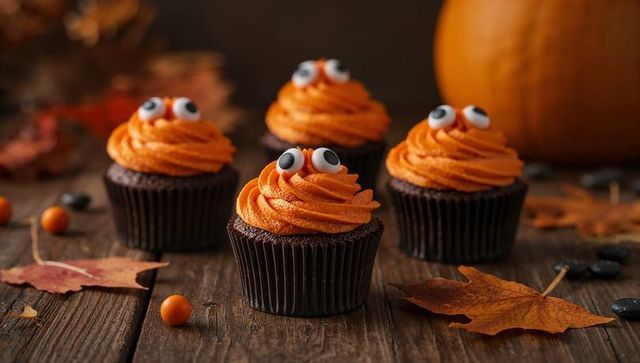 Spooky halloween cupcakes with orange frosting and candy eyes