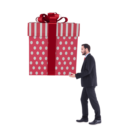 Floating Gift Box with Man in Suit on Transparent Background