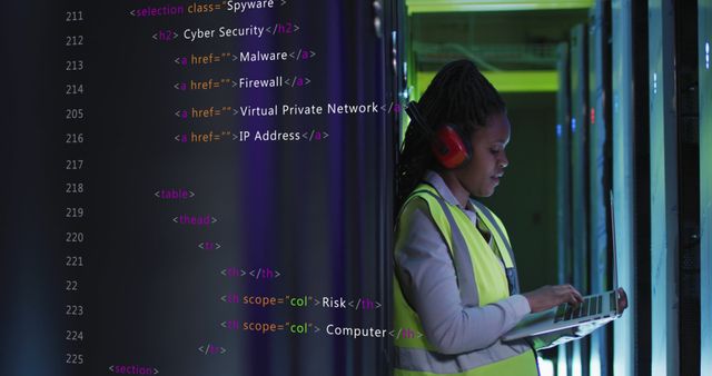 Female IT Specialist Managing Server Room with Coding Overlay - Download Free Stock Images Pikwizard.com