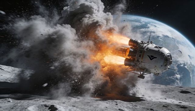 Lunar lander firing engines kicking up regolith and ejecta with earthrise backdrop