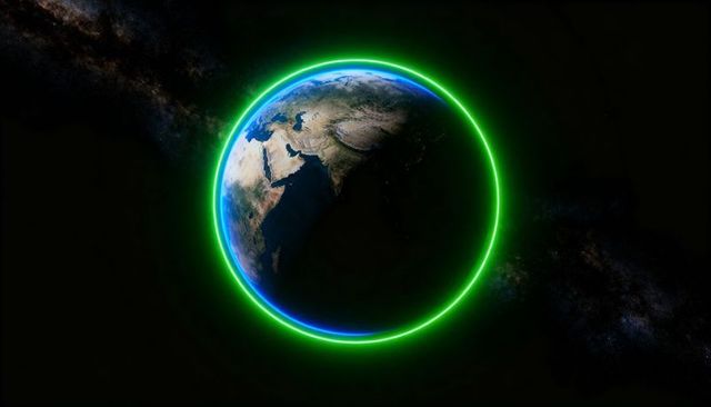 Earth with neon green halo and day-night terminator highlighting blue atmospheric limb