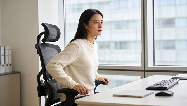 Asian woman sitting in ergonomic office chair looking out window at minimalist workstation