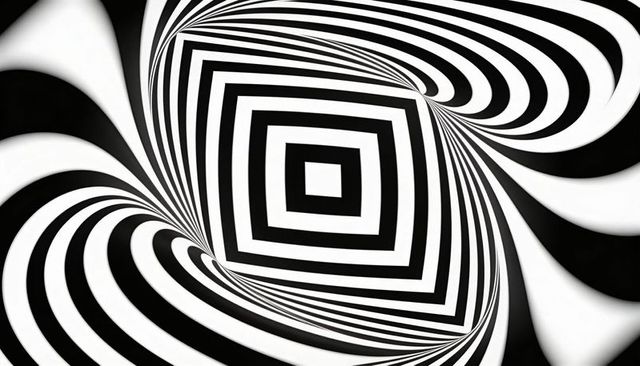 Hypnotic Black and White Op Art Spiral with Concentric Squares and Distorted Geometry
