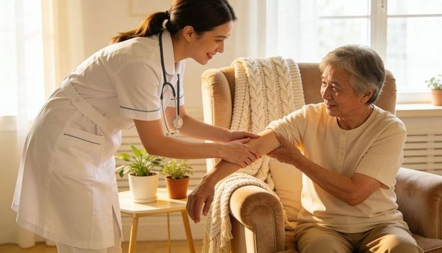 Nurse providing compassionate in-home care for senior woman in sunlit cozy living room