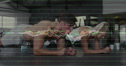 Partners Holding Plank in Gym with Dynamic Waveform Overlay