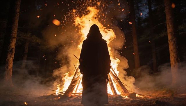 Hooded figure standing before roaring bonfire in dark forest, ritual silhouette at night