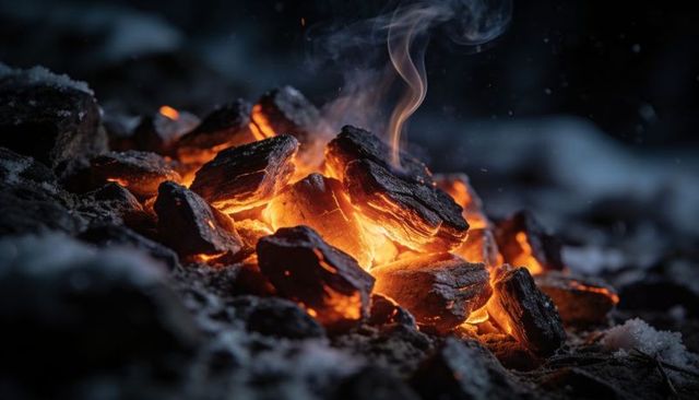 Glowing charcoal embers melting frost on snowy ground, warm campfire glow at night