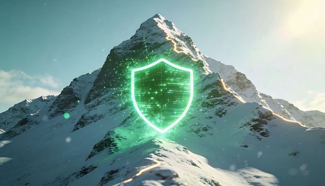 Hovering neon green holographic shield over snowy mountain peak with sunlit rim light