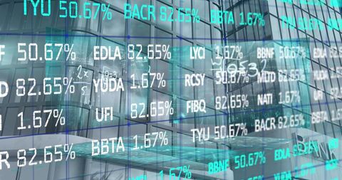 abstract visual of financial metrics projected onto a sleek glass-paneled interior, suggesting the intersection of modern design and high-tech business environments. suitable for illustrating financial analytics, digitized investment tools, or high-tech company presentations.