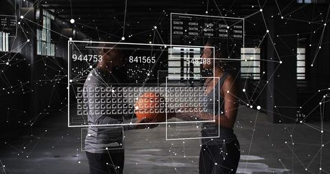 Holding glowing smart training orb with ar hud, workout partners collaborating