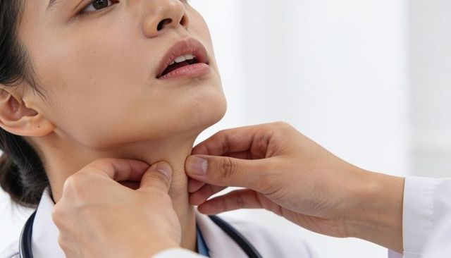 Clinician palpating neck during throat examination with stethoscope and white coat