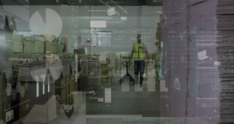 Warehouse Worker Amidst Digital Data Streams and Metrics Visualization