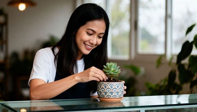 Smiling asian woman tending succulent in decorative ceramic pot on glass shop counter