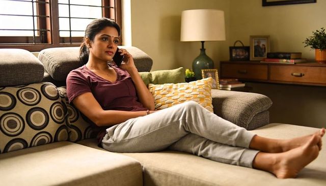 Indian woman relaxing on sofa talking on phone in cozy sunlit living room