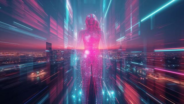 Digital Female Hologram in Futuristic Cyber City Skyline