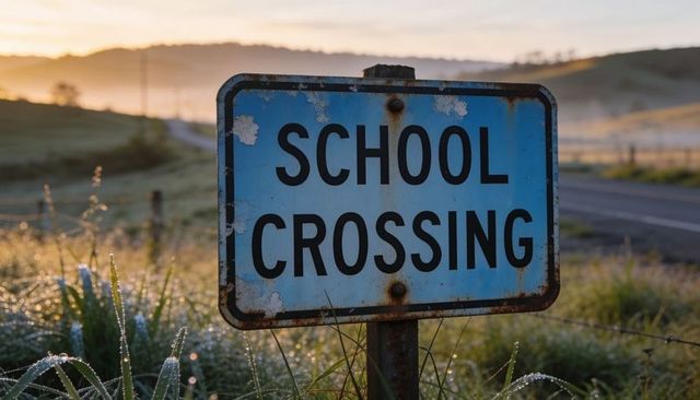 Weathered school crossing sign showing rust and peeling paint at rural sunrise roadside